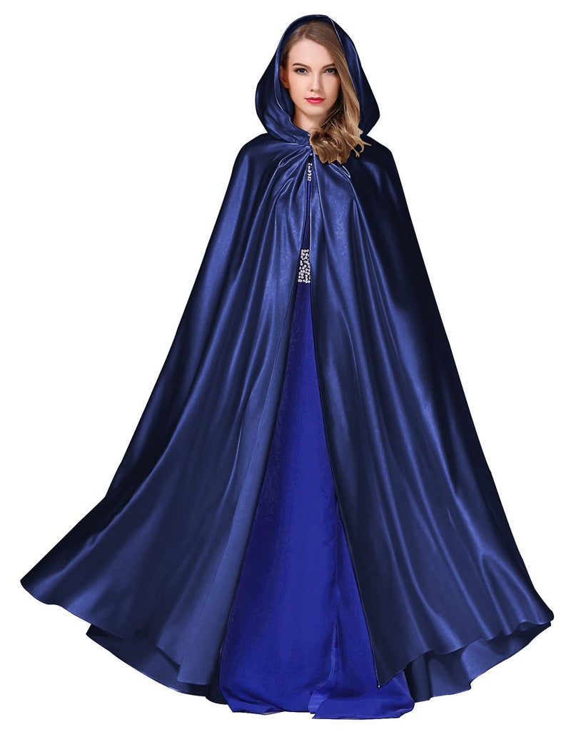 BEAUTELICATE Women's Wedding Hooded Cape Bridal Cloak Poncho Full Length Navy Blue - Image 1
